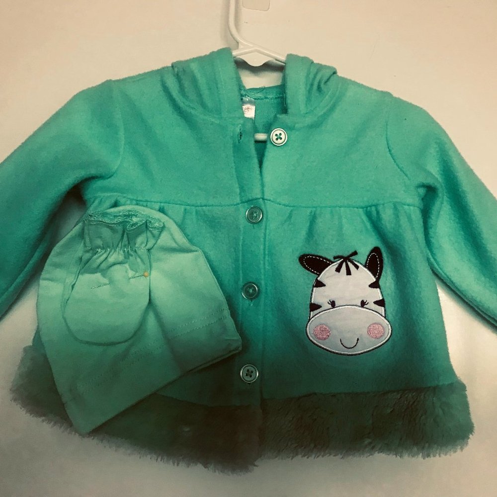 Swiggles, Girls green button up coat w hood /cow face size 3-6 months sock & Hat